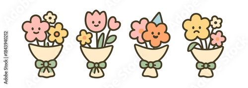 Cute floral bouquets with cartoon faces in a pastel color palette