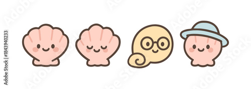 Cute cartoon seashells with smiling faces and accessories in pastel colors