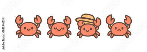 Cute cartoon crabs with hat expressing different emotions
