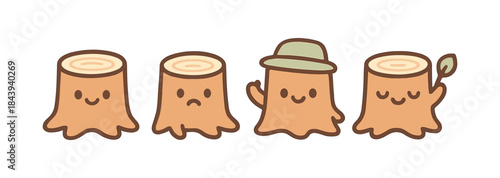 Cute cartoon tree stumps with faces and accessories in a minimalistic style
