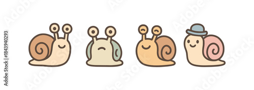 Cute cartoon snails with expressive faces and accessories in pastel colors