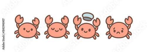 Adorable cartoon crabs with varying emotions and accessories