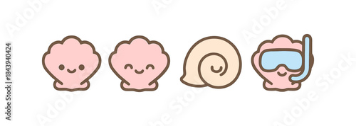 Cute cartoon seashell characters with happy faces and snorkel gear