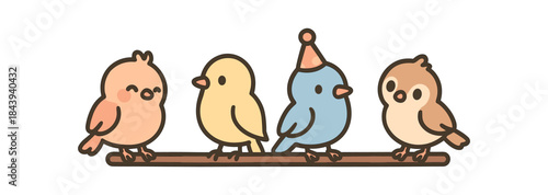 Cute cartoon birds on a perch, minimalist animal illustration with party theme