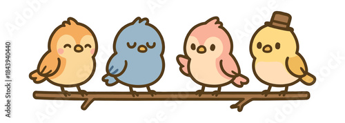 Cute cartoon birds perched on a branch with adorable expressions