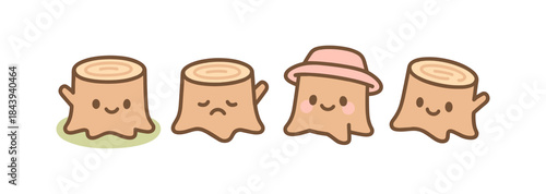 Adorable tree stump characters with cute expressions and accessories