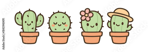 Cute cartoon cactus characters with smiling faces in pots