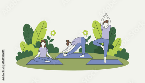 A calm corner of the garden where students practice yoga and mindfulness stretching on mats while surrounded by greenery.