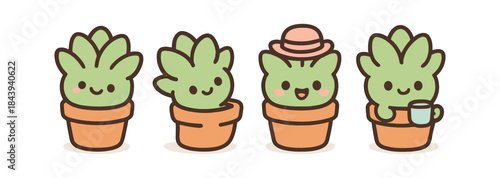 Cute kawaii cactus characters with accessories in potted varieties