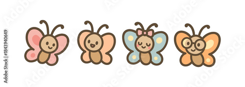 Cute cartoon butterflies with smiling faces in pastel colors on white background
