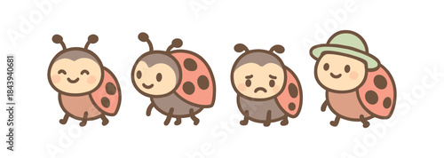 Cute cartoon ladybugs with emotions and accessories in a simple style