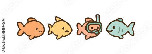 Adorable cartoon fish with snorkel and friends in cute flat style