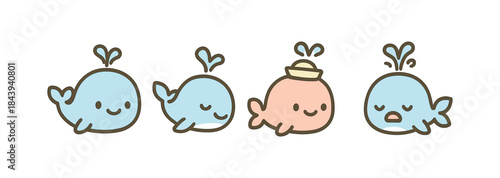 Cute cartoon whales with different expressions and accessories