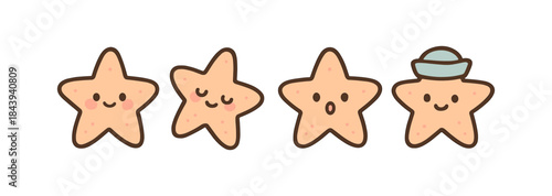 Cute kawaii star characters with various facial expressions and hat