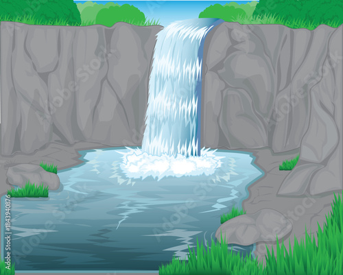 Vector design illustration of a waterfall landscape surrounded by gray rock cliffs with sparse grass and trees