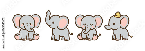 Cute cartoon elephants set with playful expressions and accessories
