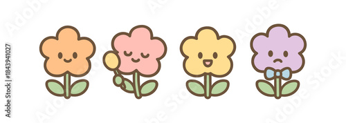 Cute pastel cartoon flowers with expressive faces and green leaves