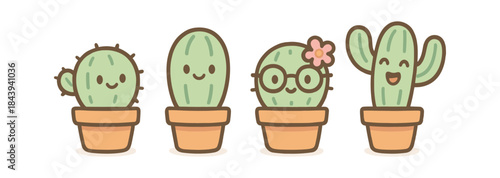 Cute cartoon cactus characters with happy faces in pots