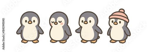 Cute cartoon penguin characters with winter hat on white background