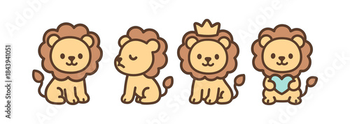Cute cartoon lions with adorable expressions and accessories in kawaii style