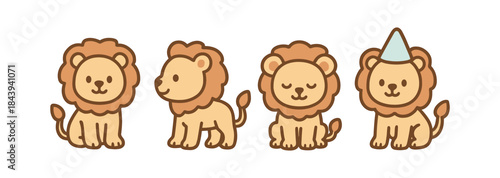 Adorable cartoon lions in various poses with party hat