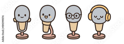 Cute cartoon microphones with adorable expressions and accessories