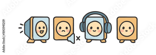 Cute cartoon speakers and headphone characters in linear style