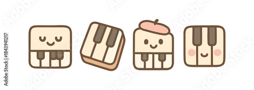 Cute kawaii piano block characters with whimsical faces and musical themes