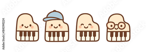Cute piano characters with smiling faces and accessories