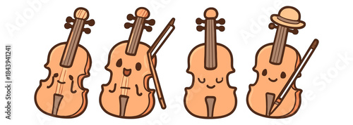 Cute cartoon violins with playful faces and hats