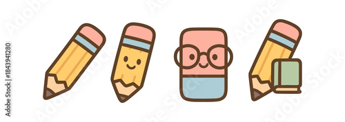 Cute cartoon school supplies featuring pencils and erasers with faces