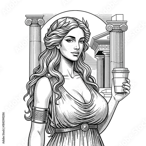 Vintage Goddess with Coffee Cup and Greek Columns