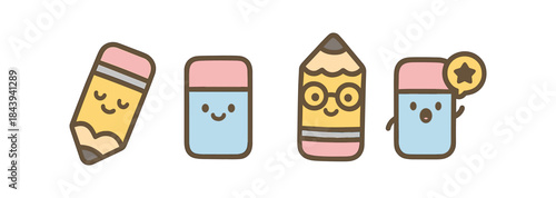 Cute cartoon pencils and erasers with faces in kawaii style for back to school