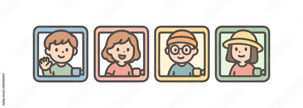 Fototapeta premium Cute cartoon avatars: diverse characters in pastel frames for social media profiles