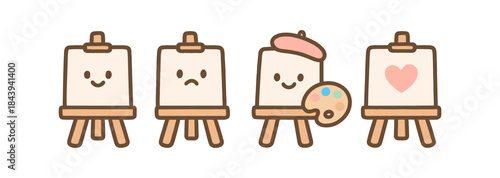 Cute kawaii canvas characters with artist palette and expressions
