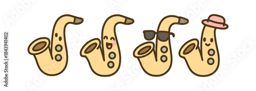 Playful cartoon saxophones with cute expressions and accessories