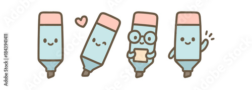 Cute cartoon highlighters with smiling faces and accessories