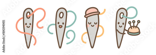 Cute cartoon sewing needles with smiling faces and fun accessories