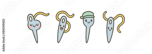 Cute cartoon sewing needles with emotions and threads
