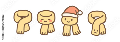 Cute cartoon scarves with festive and expressive faces in a simple style
