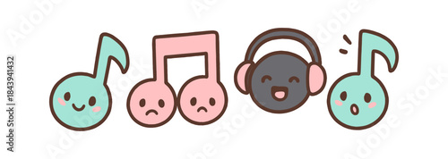 Cute music notes with expressions and headphones in kawaii style
