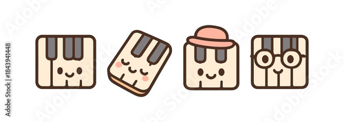 Cute kawaii piano character icons with various accessories in minimalist style