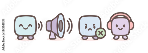 Cute kawaii characters with speaker and headphones in soft pastel colors