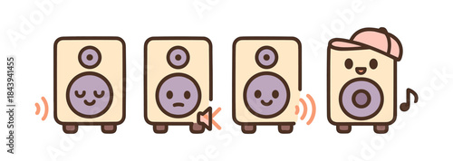 Cute cartoon speakers expressing different emotions in a fun, musical style
