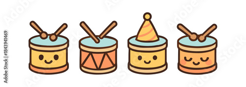 Cute cartoon drums with smiling faces and party hat in pastel tones