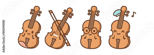 Cute cartoon violins with fun expressions and accessories