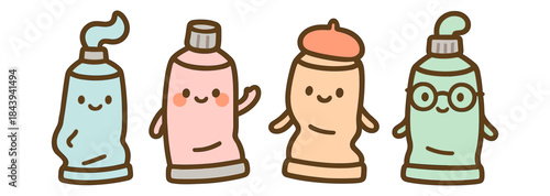 Cute cartoon paint tubes with smiling faces and diverse decorations