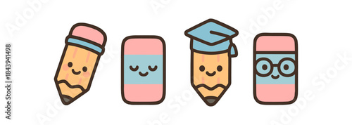 Cute kawaii pencils and erasers with faces: school supplies characters in pastel colors