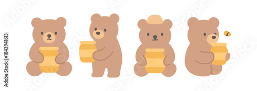 Cute cartoon bears holding honey jars with bees