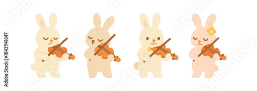 Cute cartoon bunnies playing violins in a soft pastel palette